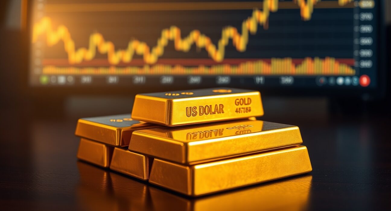 Gold bullion bars stacked on a table with a financial chart in the background showing dollar weakness and gold price rise.