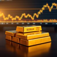 Gold bullion bars stacked on a table with a financial chart in the background showing dollar weakness and gold price rise.