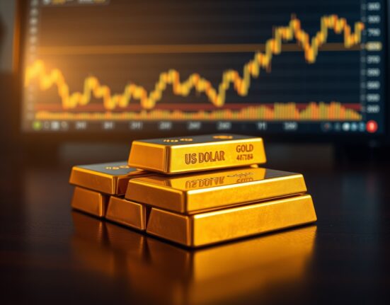 Gold bullion bars stacked on a table with a financial chart in the background showing dollar weakness and gold price rise.