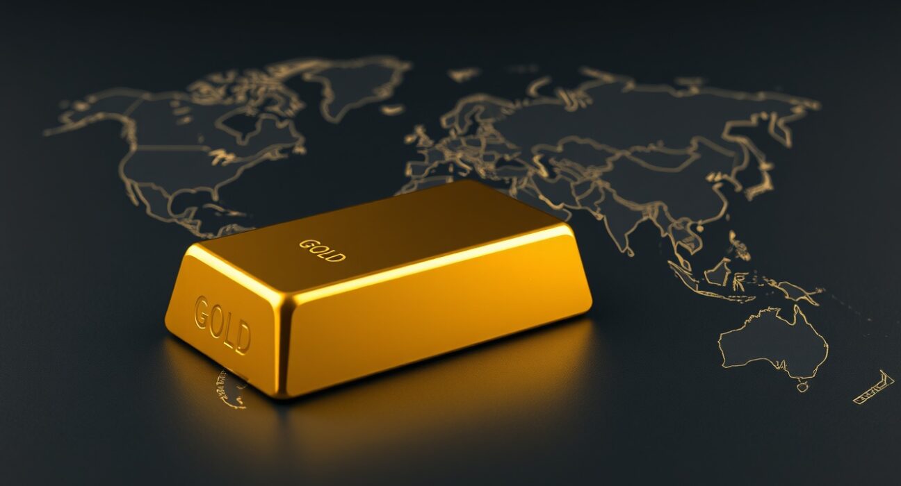 Gold bullion bar on world map representing conflict-driven risks to gold price analysis and crowded trades.