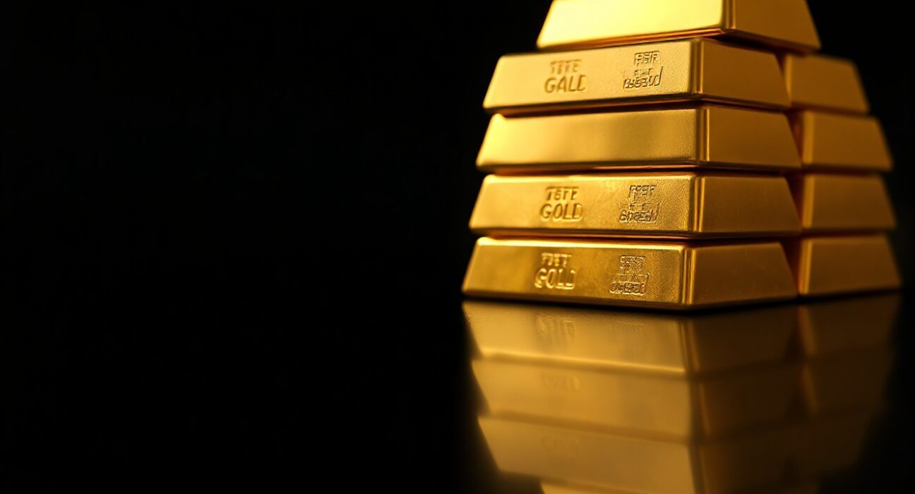 Stacked gold bars on a dark surface representing precious metals market consolidation above $4,300.