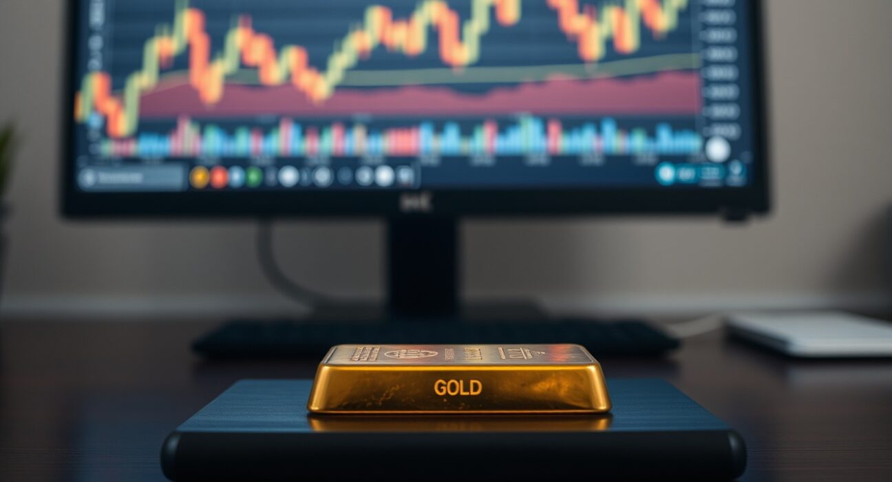Gold bar on desk with blurred financial charts in background