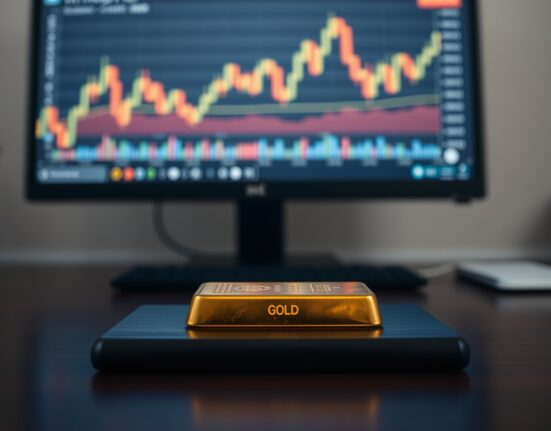 Gold bar on desk with blurred financial charts in background