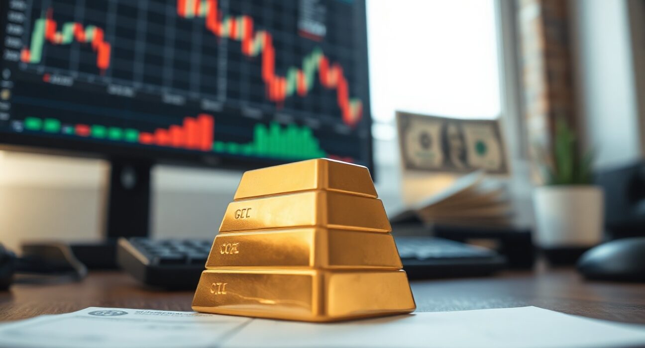 Gold bullion bars with financial charts and US dollars in background, representing market consolidation.
