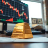 Gold bullion bars with financial charts and US dollars in background, representing market consolidation.