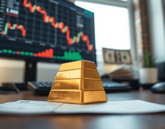 Gold bullion bars with financial charts and US dollars in background, representing market consolidation.