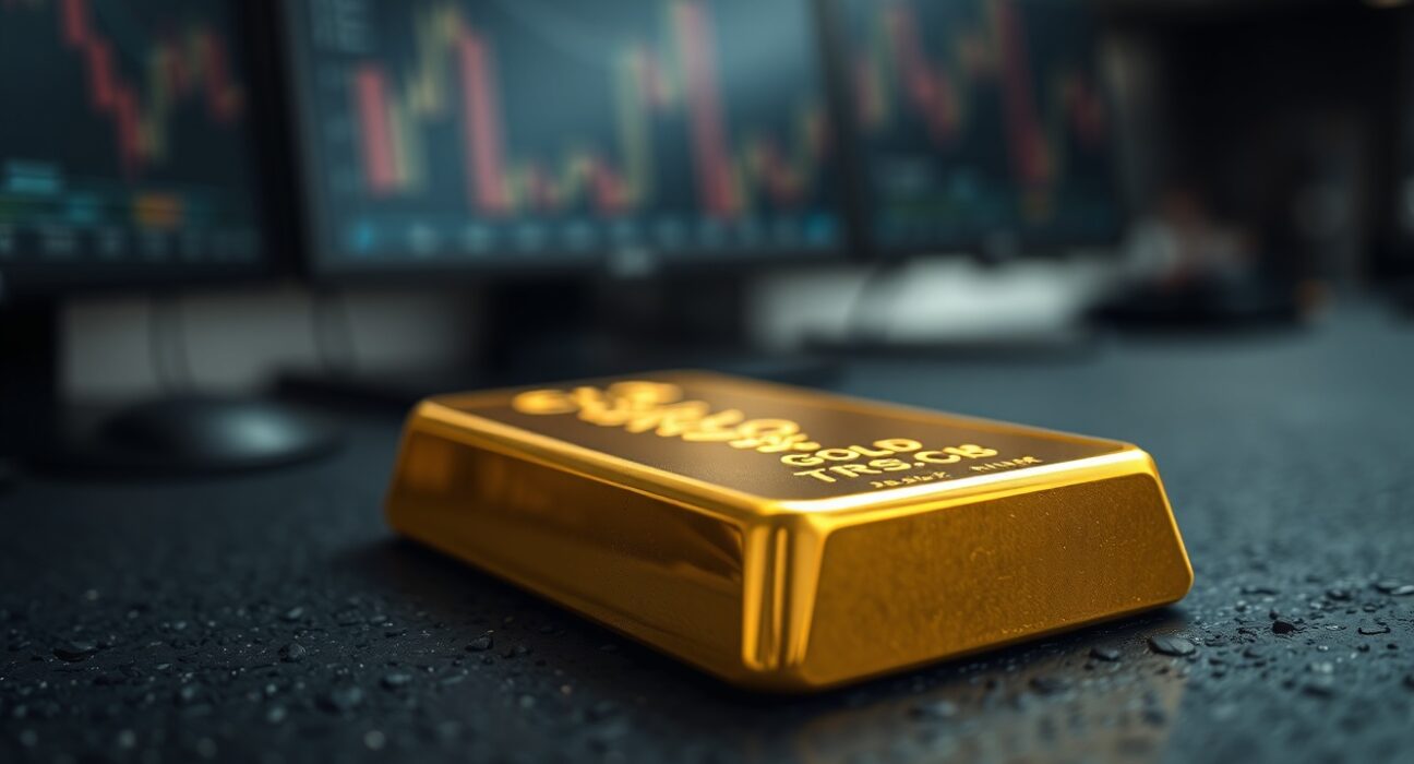 Close-up of a polished gold bar on a dark surface, representing the precious metals market.