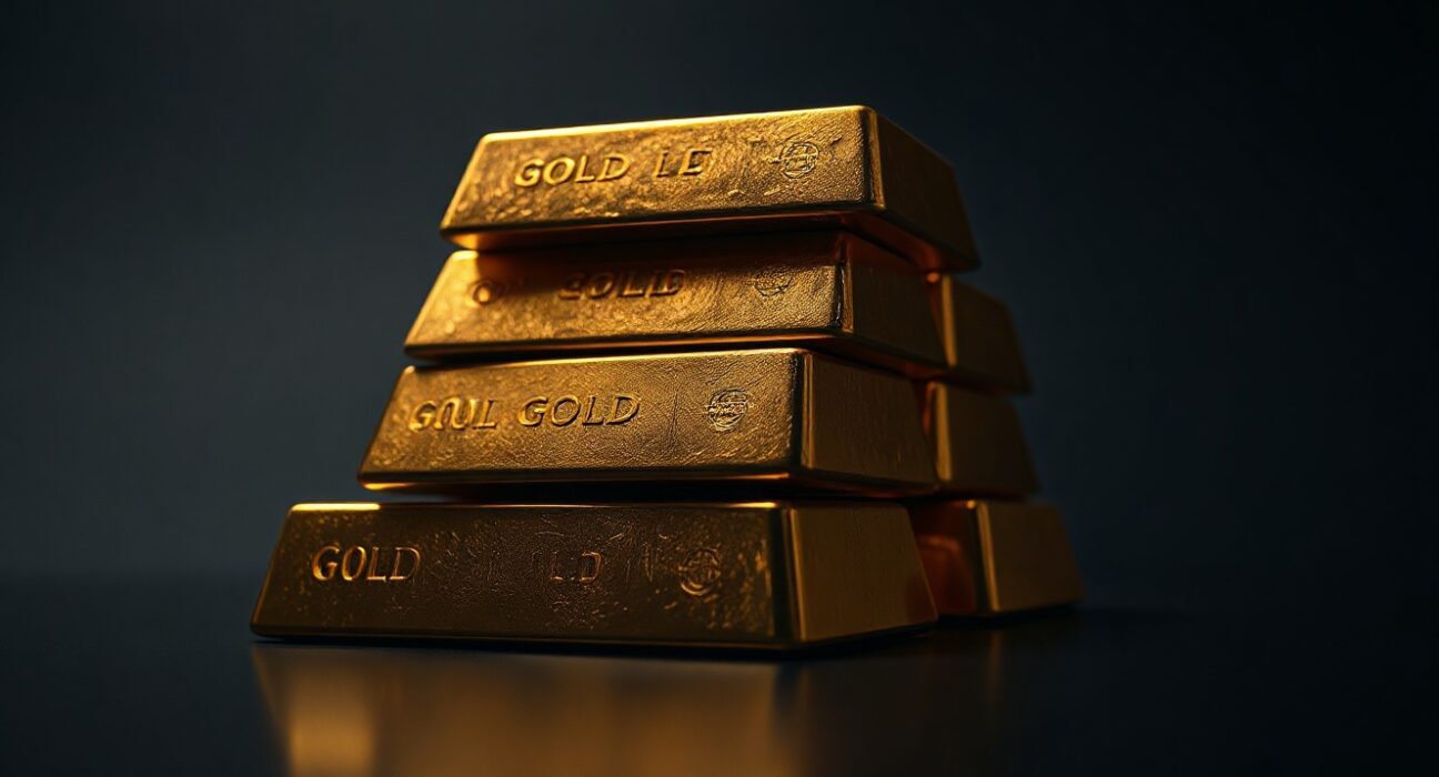 Stacked gold bars with soft lighting on a dark surface, representing precious metal market analysis.