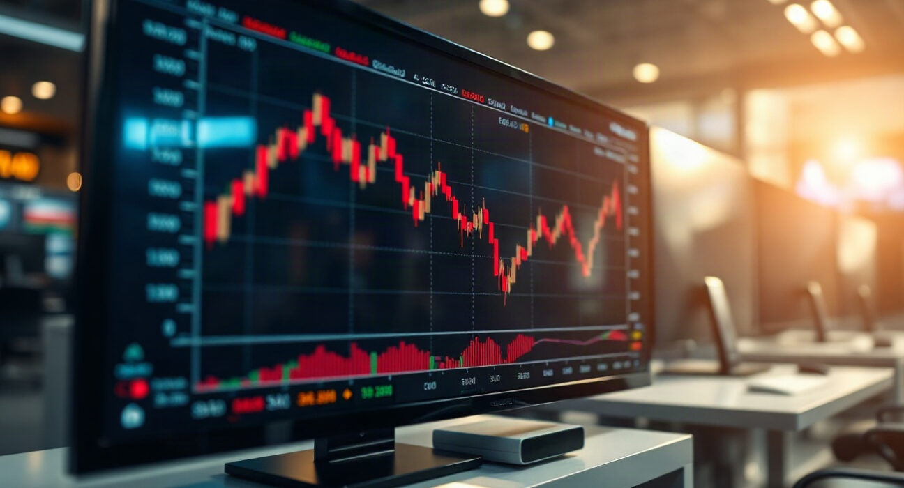 Close-up of a trading screen showing a declining gold price chart in a professional setting.