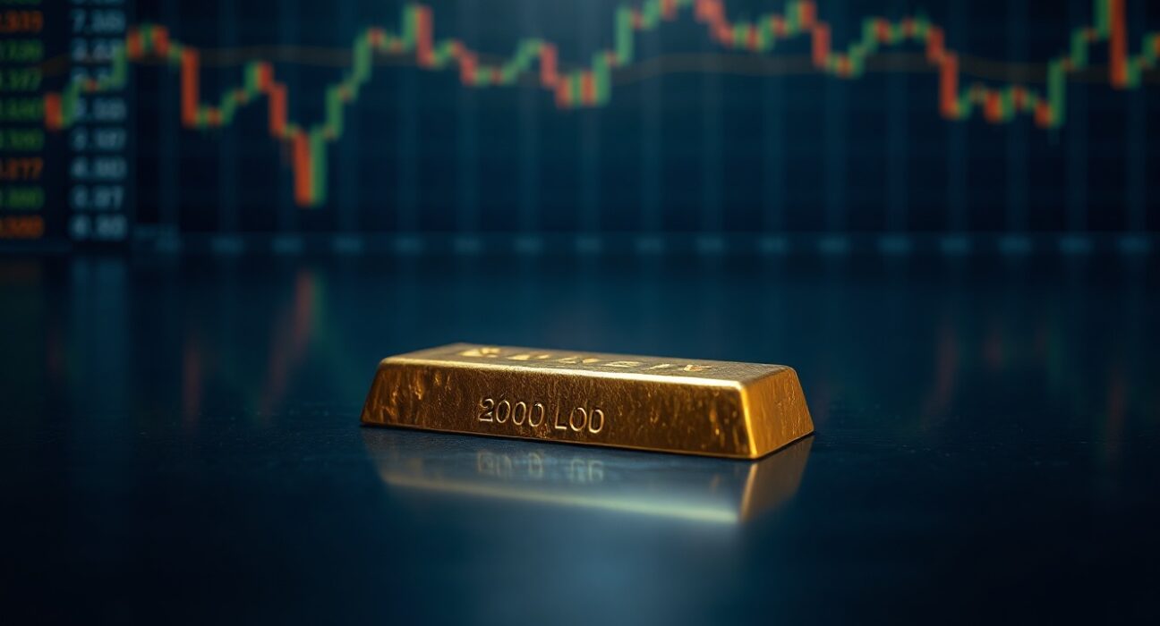 Gold bar on reflective surface with financial charts in background