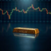 Gold bar on reflective surface with financial charts in background