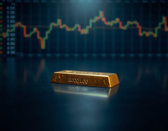 Gold bar on reflective surface with financial charts in background