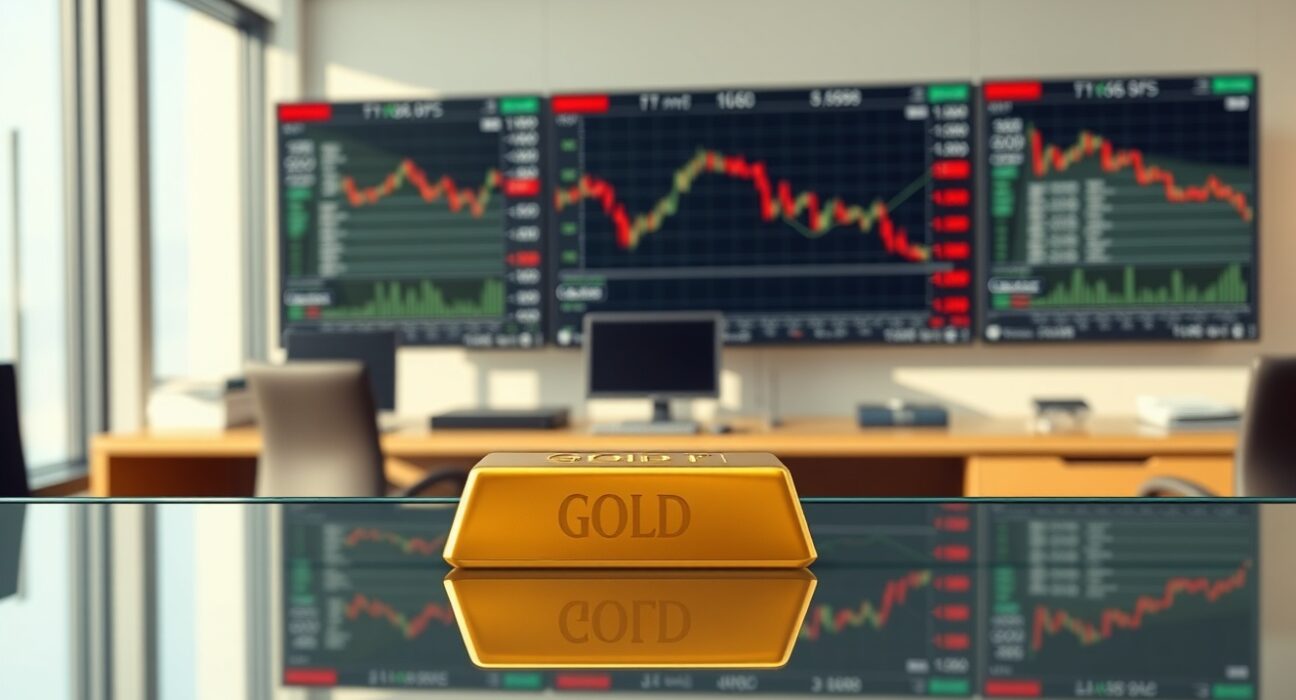 Gold market analysis showing bullion bar with financial charts representing CTA selling pressure and structural weaknesses.