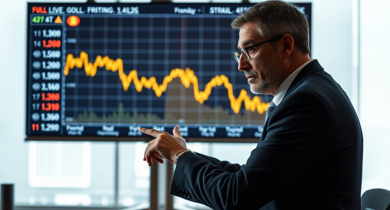 Financial analyst reviewing gold price chart on digital screen in modern office