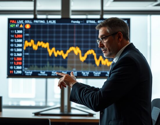 Financial analyst reviewing gold price chart on digital screen in modern office