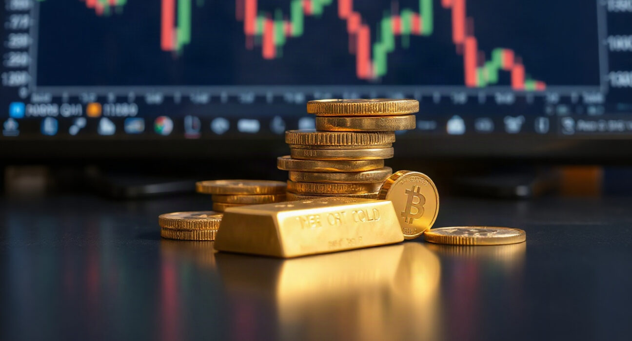 Gold bullion coins and bars on a reflective surface with financial charts in background