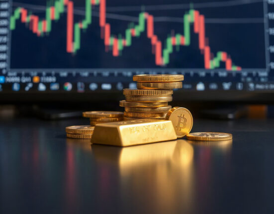 Gold bullion coins and bars on a reflective surface with financial charts in background