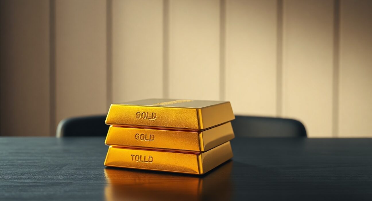 Stack of gold bars on a dark wooden table with soft lighting, representing precious metals market analysis.