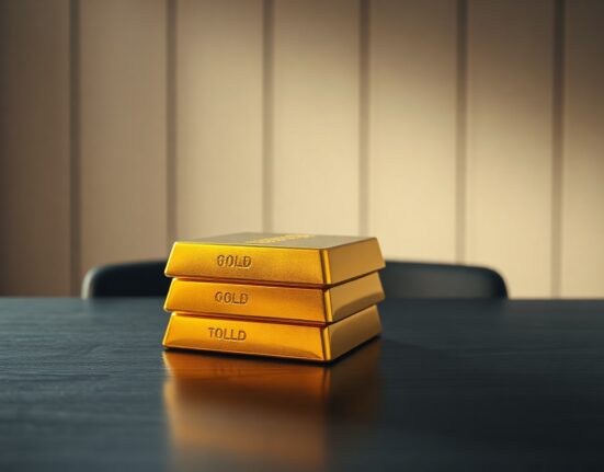 Stack of gold bars on a dark wooden table with soft lighting, representing precious metals market analysis.