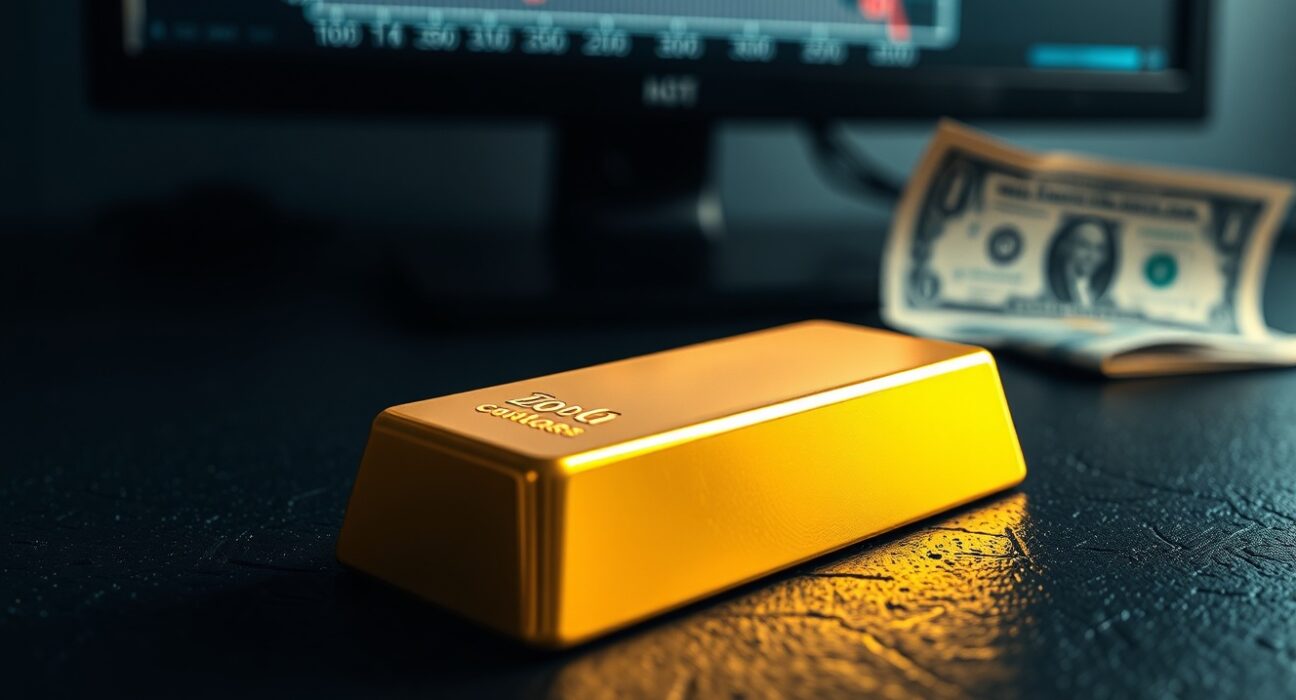 Gold bar on dark surface with financial chart showing decline, representing gold price decline under hawkish interest rate outlook and firm US Dollar.