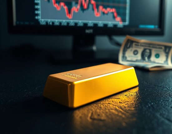 Gold bar on dark surface with financial chart showing decline, representing gold price decline under hawkish interest rate outlook and firm US Dollar.