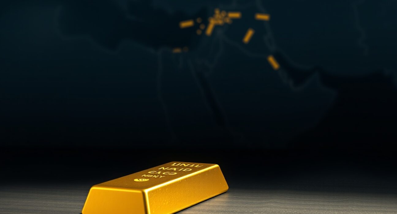 Gold bar resting on dark surface with blurred Middle East map in background, illustrating gold price decline amid escalating Middle East tensions.