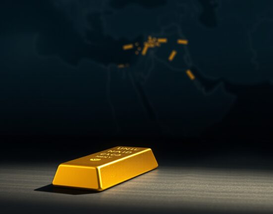 Gold bar resting on dark surface with blurred Middle East map in background, illustrating gold price decline amid escalating Middle East tensions.