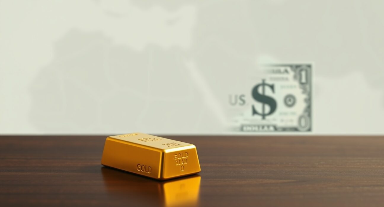 Gold bar and US Dollar bill representing gold price decline amid Middle East tensions and dollar strength in 2025.