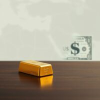 Gold bar and US Dollar bill representing gold price decline amid Middle East tensions and dollar strength in 2025.