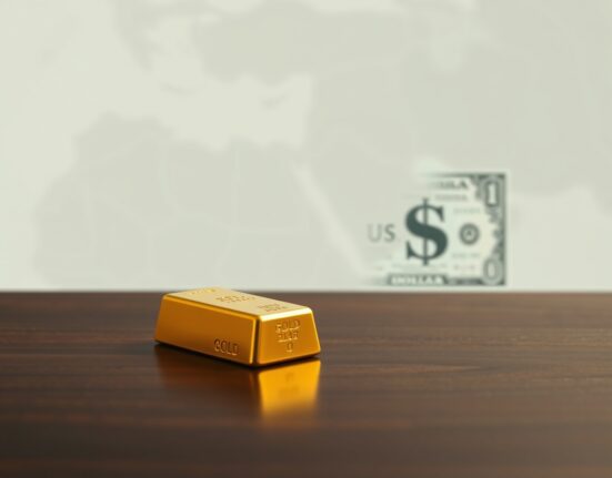 Gold bar and US Dollar bill representing gold price decline amid Middle East tensions and dollar strength in 2025.