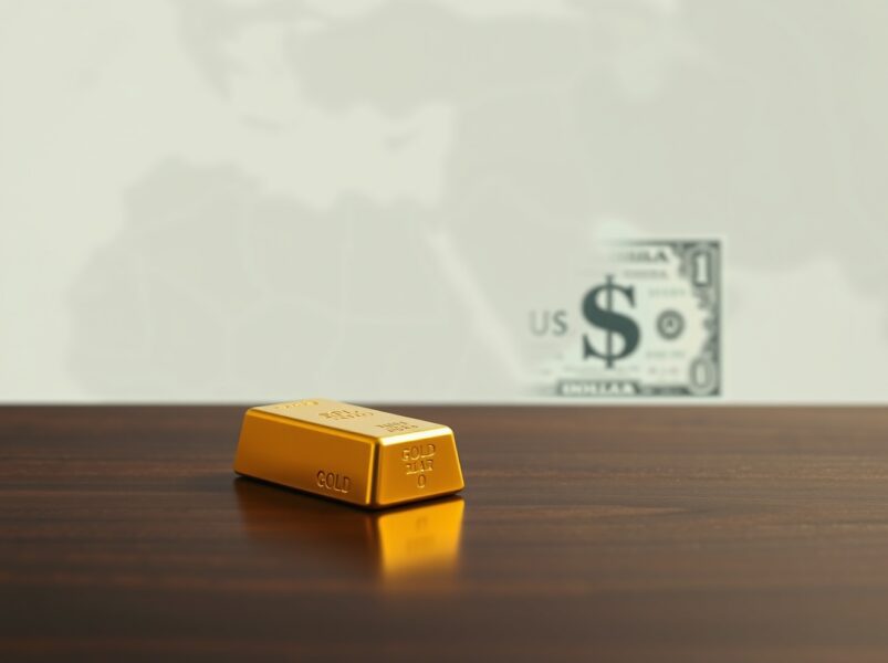 Gold bar and US Dollar bill representing gold price decline amid Middle East tensions and dollar strength in 2025.