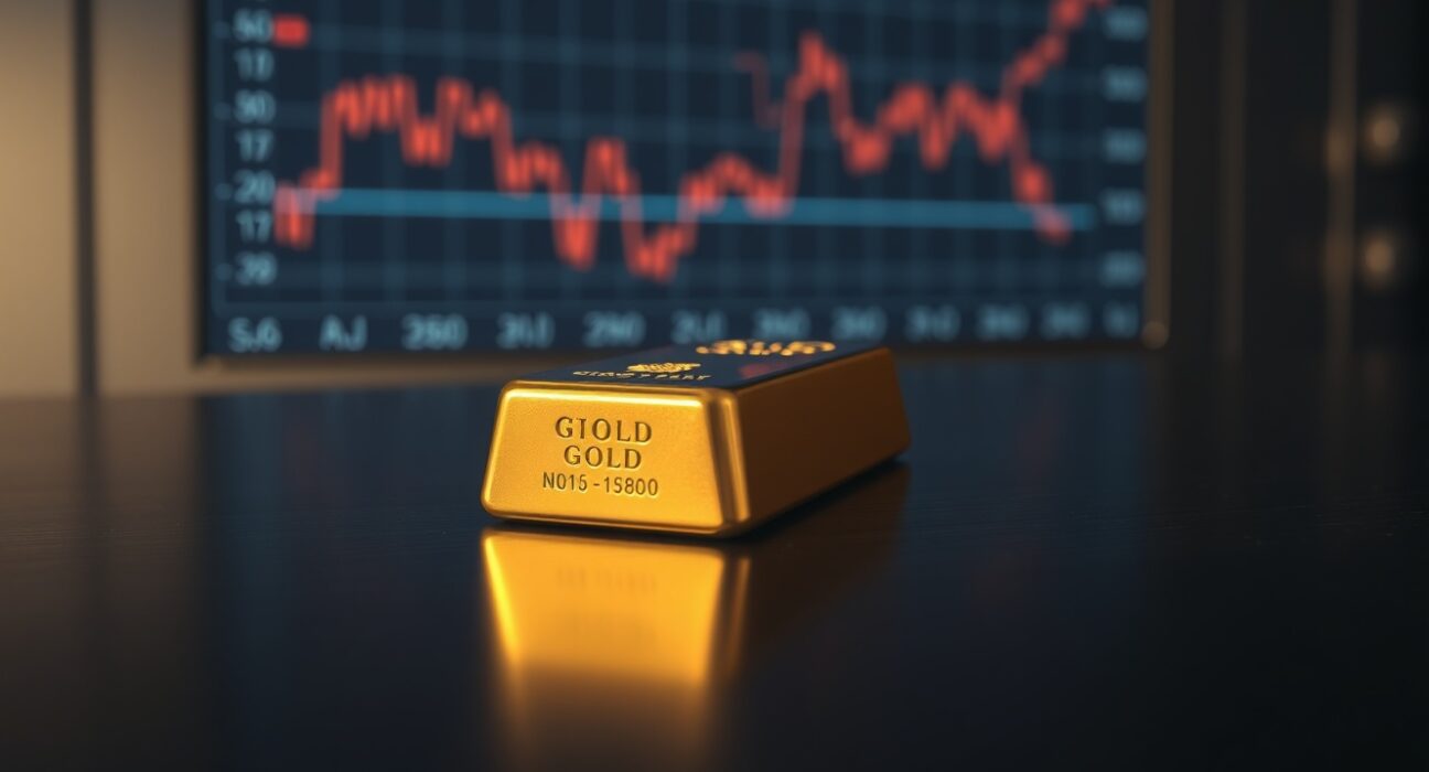 Gold bar on dark surface with declining price chart in background representing market pressure