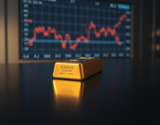 Gold bar on dark surface with declining price chart in background representing market pressure