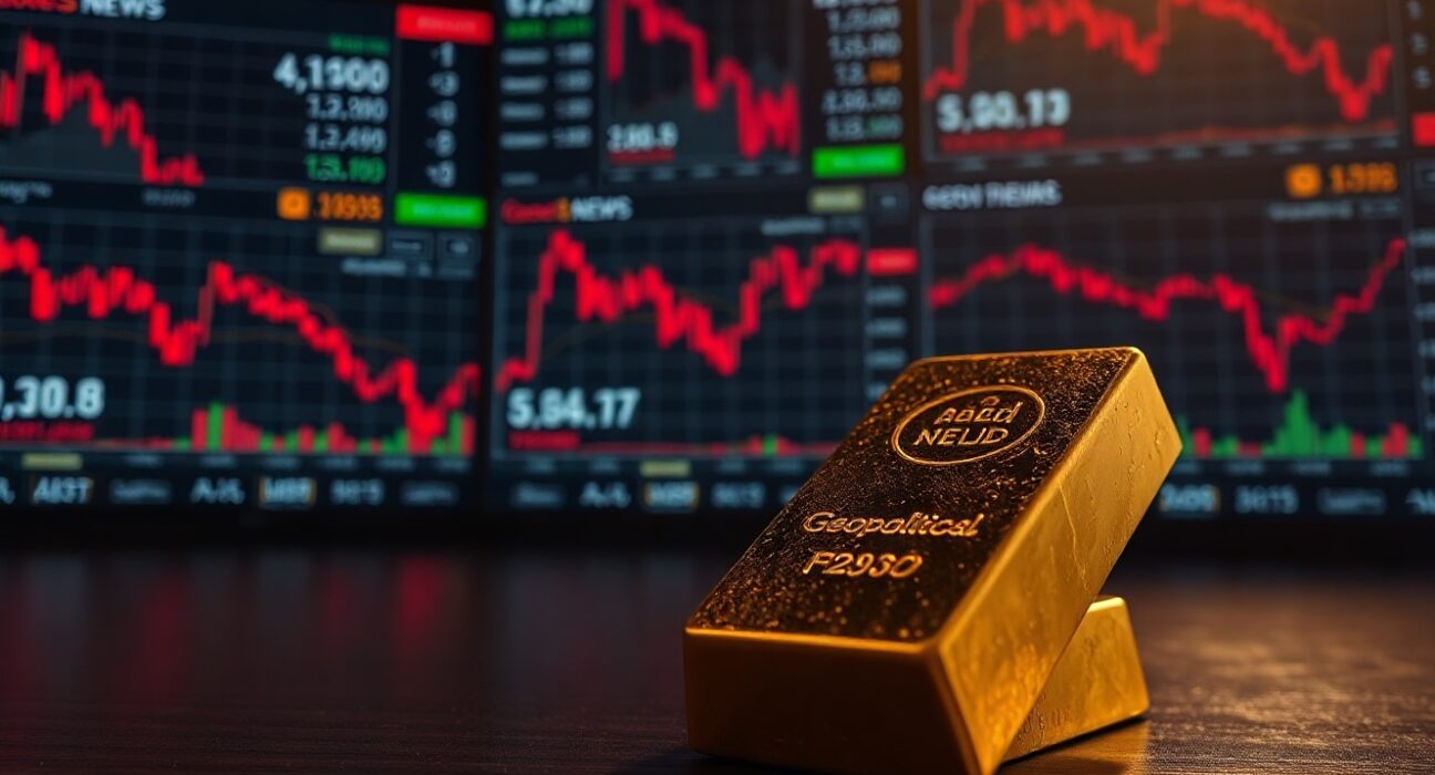 Gold bullion bar on wooden surface with financial charts showing decline in background