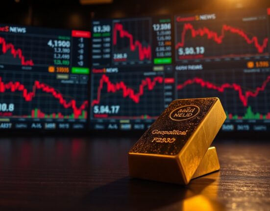 Gold bullion bar on wooden surface with financial charts showing decline in background