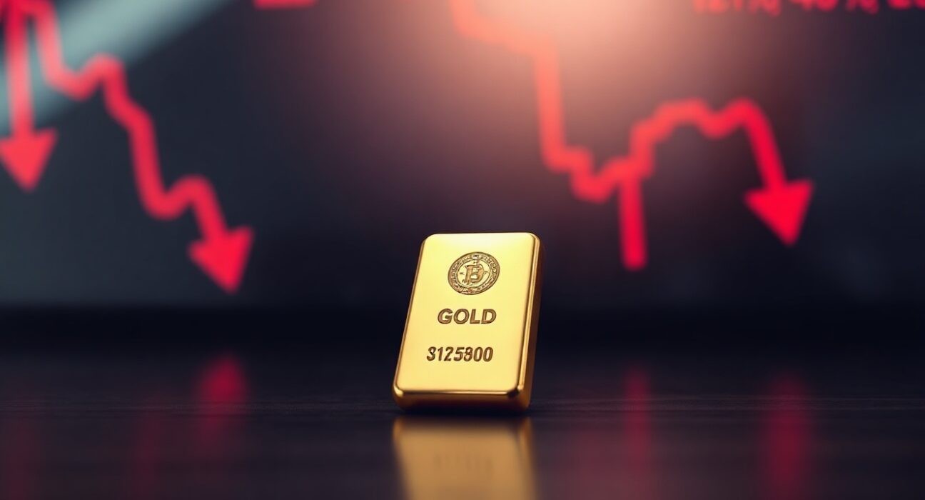 Gold bar on dark surface with blurred stock market display showing red arrows in background