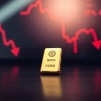 Gold bar on dark surface with blurred stock market display showing red arrows in background