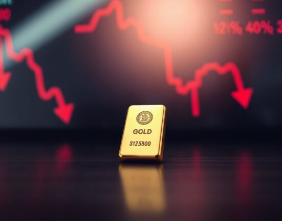 Gold bar on dark surface with blurred stock market display showing red arrows in background