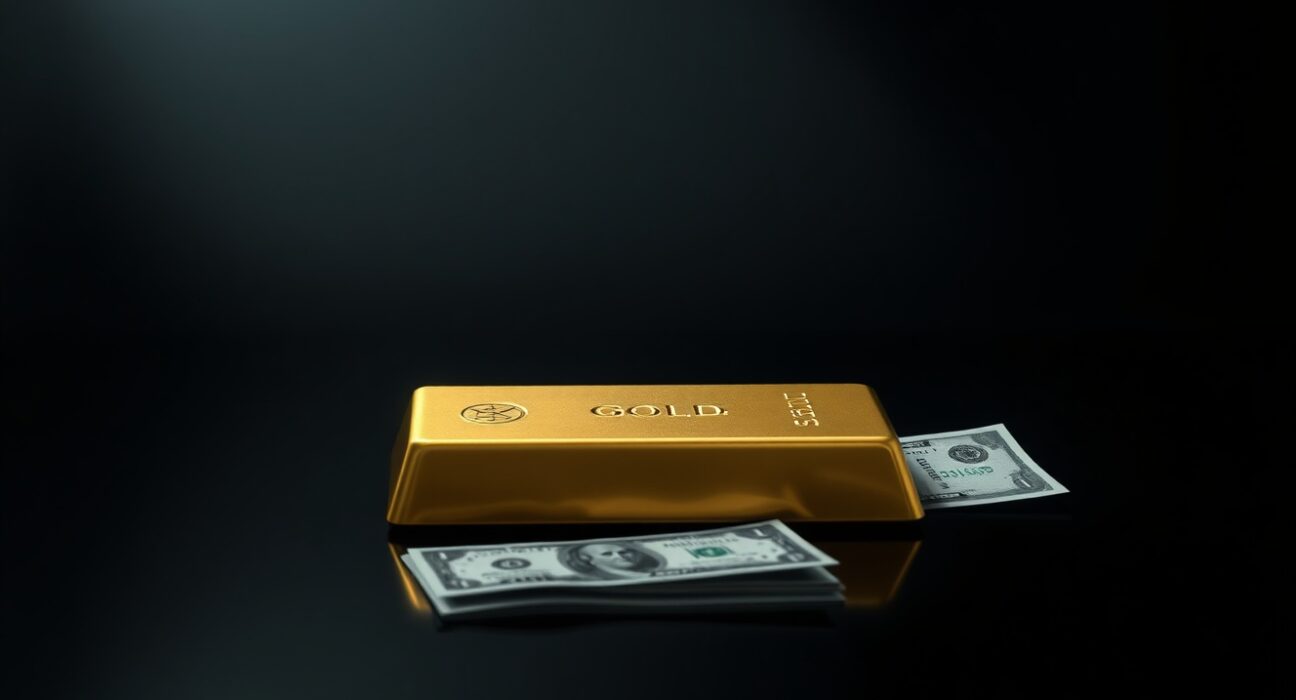 Gold bar with subtle downward shadow on dark surface, symbolizing price decline