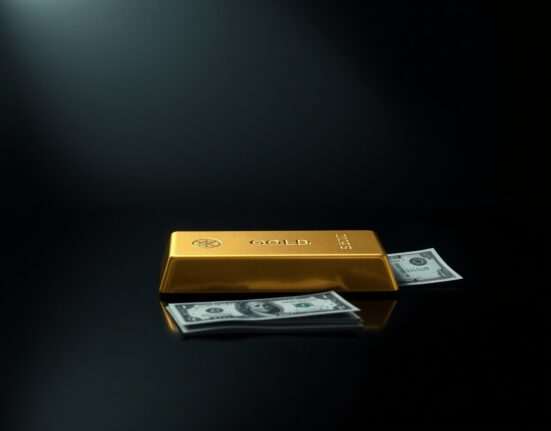 Gold bar with subtle downward shadow on dark surface, symbolizing price decline