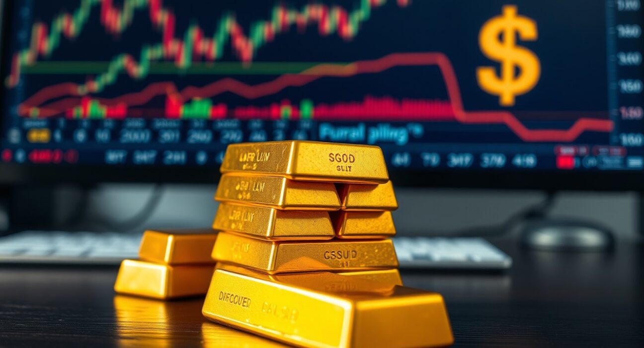 Gold bars on a dark surface with financial charts and dollar symbols in the background, representing market volatility.