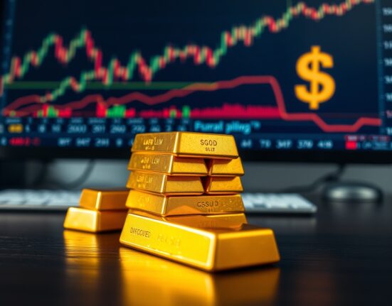 Gold bars on a dark surface with financial charts and dollar symbols in the background, representing market volatility.