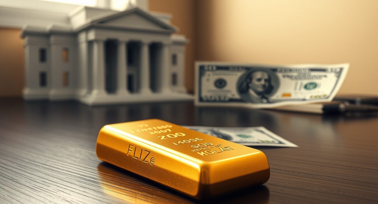Gold bar with US Dollar and Federal Reserve building model representing gold declines amid hawkish Fed bets and firm US Dollar