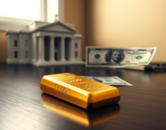 Gold bar with US Dollar and Federal Reserve building model representing gold declines amid hawkish Fed bets and firm US Dollar