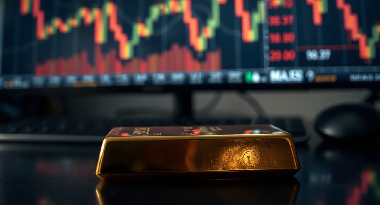 Gold bar on dark surface with blurred financial screens showing downward trends