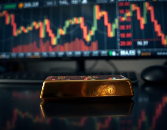 Gold bar on dark surface with blurred financial screens showing downward trends