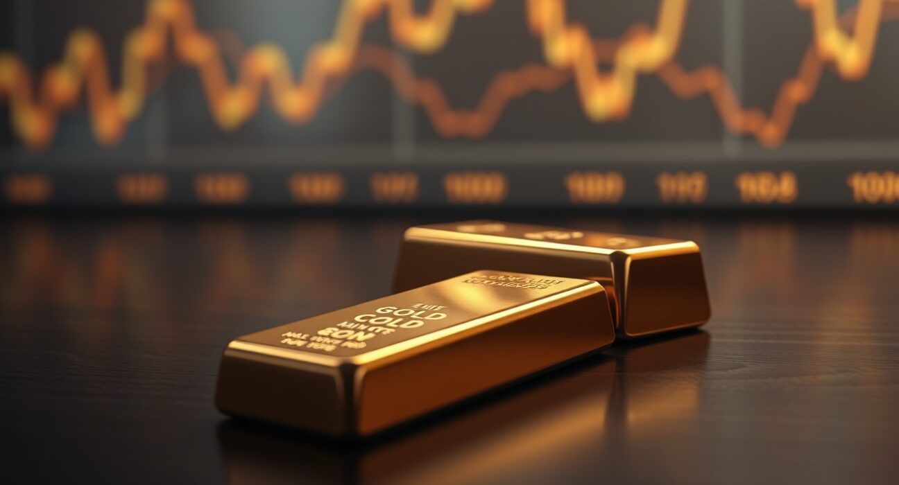 Gold bullion bar on a dark surface with a blurred financial chart background