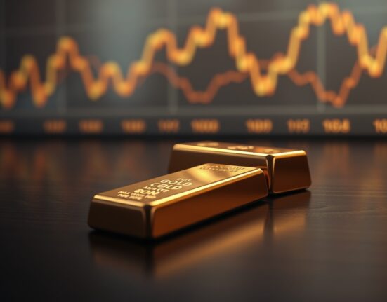 Gold bullion bar on a dark surface with a blurred financial chart background