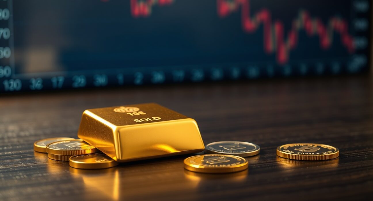 Gold bars and coins on a table with a financial chart background indicating a market decline