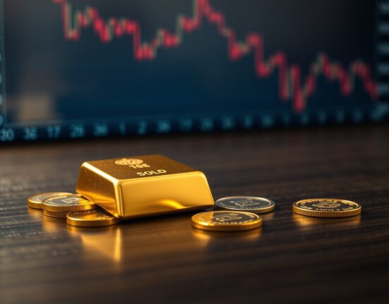 Gold bars and coins on a table with a financial chart background indicating a market decline